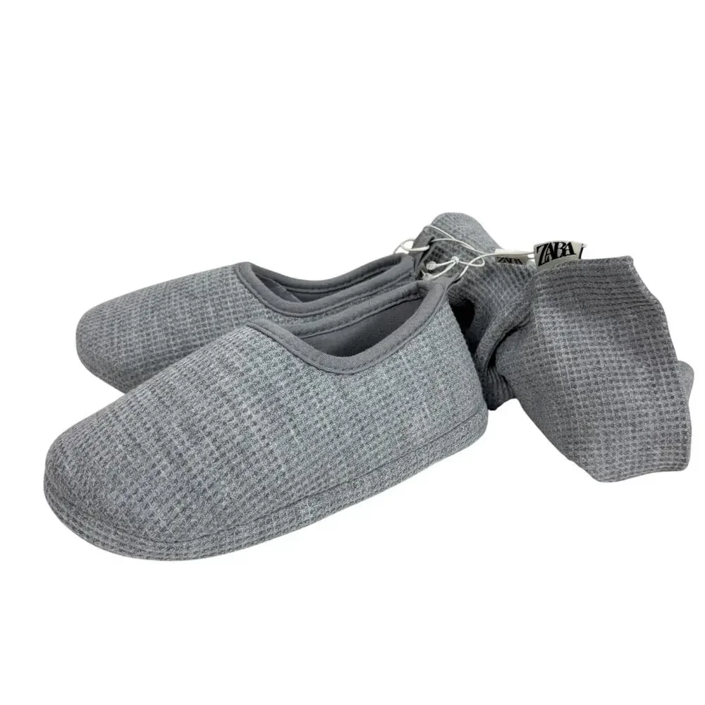 ZARA Kids/Baby Grey Waffle Knit Slippers with Grip Soles Size 28/29 NWT